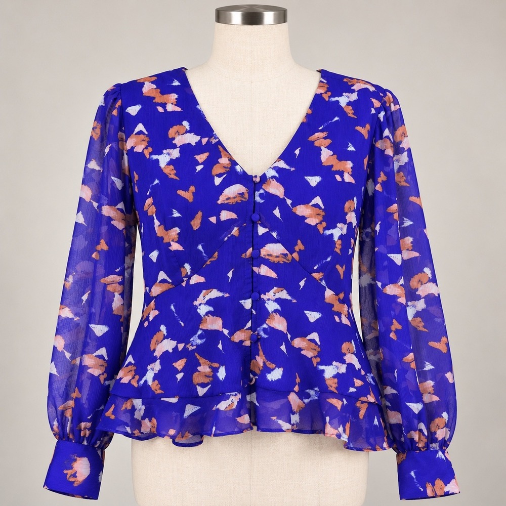 Nine West Blouse PXL Blue Abstract V-Neck Button Front Ruffle Hem Career Femine